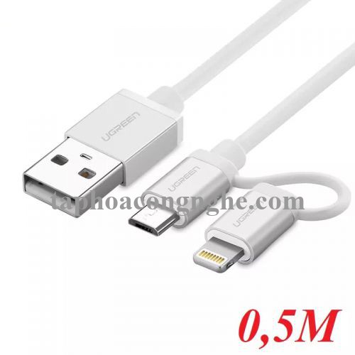 Ugreen 20747 0.5M màu Trắng Cáp sạc đa năng USB sang MicroUSB + Lightning US165 30020747